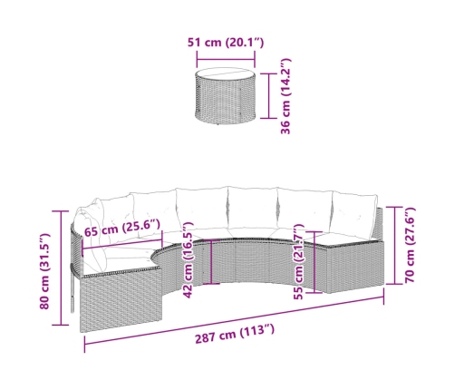 Sofá de jardín semicircular con mesa y cojines ratán PE gris