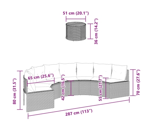 Sofá de jardín semicircular con mesa y cojines ratán PE negro