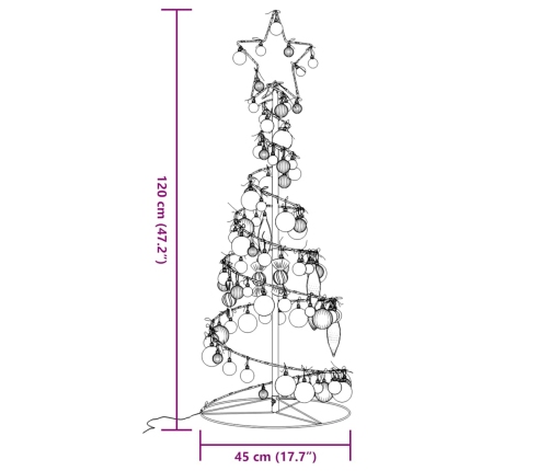 VidaXL Cono de luz para árbol de Navidad con bolas 80 LED 120 cm