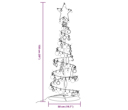 VidaXL Cono de luz para árbol de Navidad con bolas 100 LED 150 cm