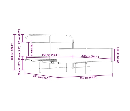 Estructura de cama sin colchón metal roble ahumado 150x200 cm