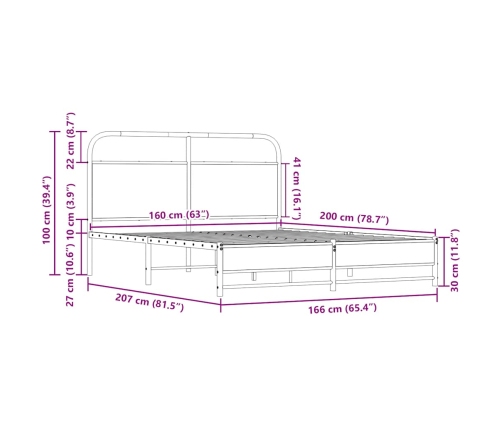 Estructura de cama sin colchón metal roble Sonoma 160x200 cm