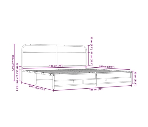 Estructura de cama sin colchón metal roble marrón 193x203 cm