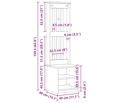 Perchero de entrada SANDENS 45x40x159,5cm madera maciza de pino