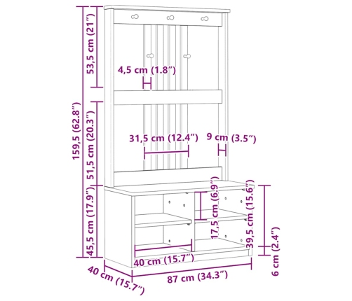 Perchero de entrada SANDENS madera maciza de pino 87x40x159,5cm