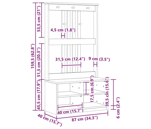 Perchero de entrada SANDENS madera pino blanco 87x40x159,5 cm