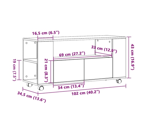 Mueble TV con ruedas madera ingeniería envejecida 102x34,5x43cm