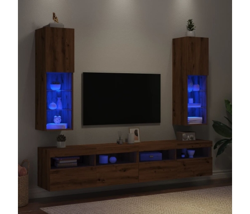 Muebles TV con luces LED 2 uds roble artesanal 30,5x30x102 cm