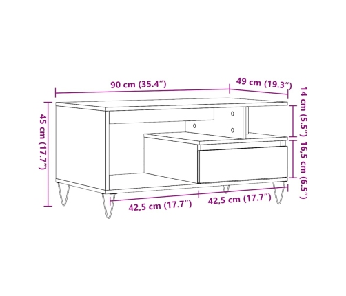 Mesa de centro madera ingeniería madera envejecida 90x49x45 cm