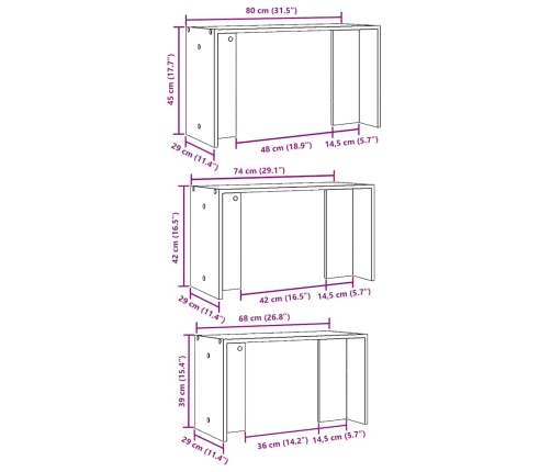 Mesas apilables 3 piezas madera contrachapada gris Sonoma