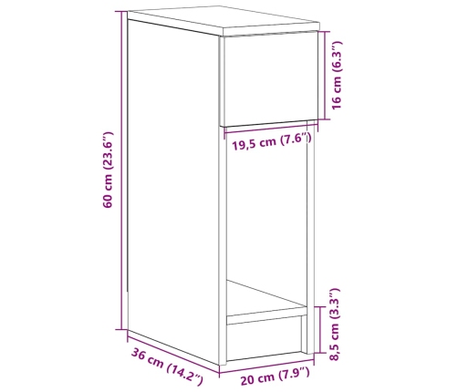 Mesilla de noche con cajón roble ahumado 20x36x60 cm