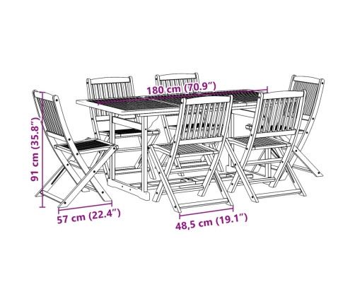 Juego comedor de jardín 7 pzas madera maciza acacia 180x90x75cm