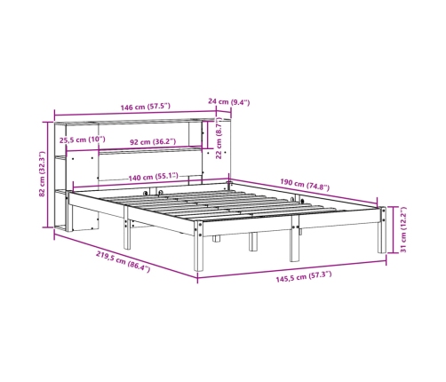 Cama con estantería sin colchón madera maciza de pino 140x190cm