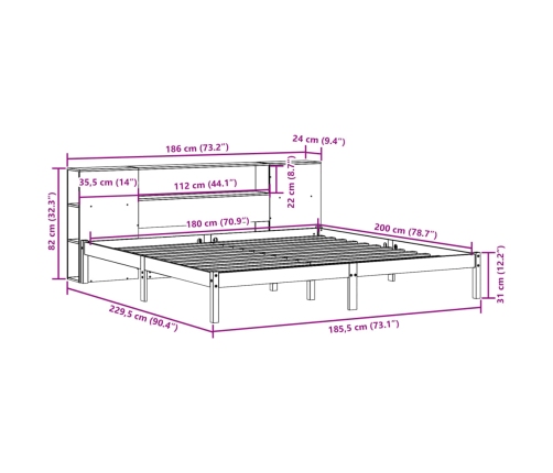 Cama con estantería sin colchón madera maciza blanca 180x200 cm