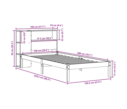 Cama con estantería sin colchón madera maciza de pino 100x200cm