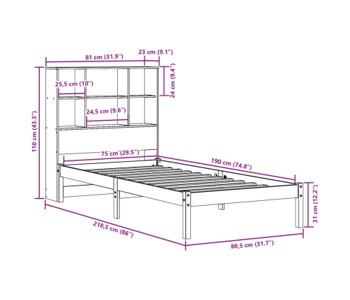 Cama con estantería sin colchón madera maciza de pino 75x190 cm