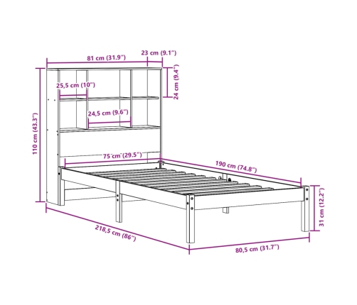 Cama con estantería sin colchón madera maciza blanca 75x190 cm