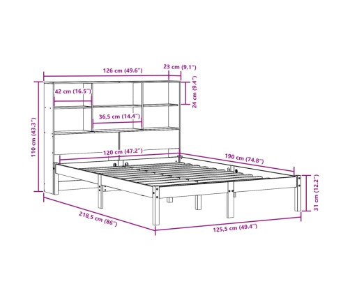 Cama con estantería sin colchón madera maciza de pino 120x190cm