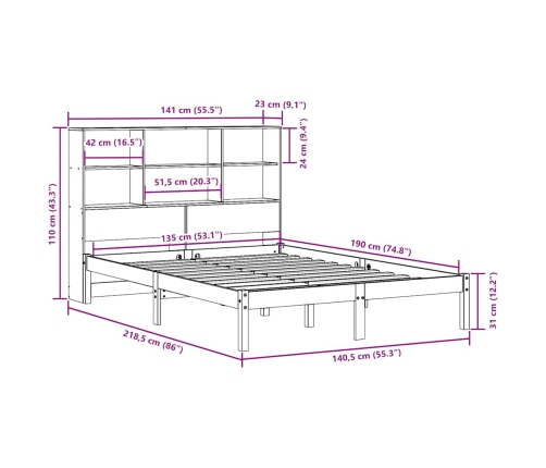 Cama con estantería sin colchón madera maciza blanca 135x190 cm