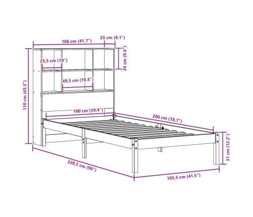 Cama con estantería sin colchón madera maciza blanca 100x200 cm