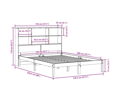 Cama con estantería sin colchón madera maciza blanca 140x200 cm