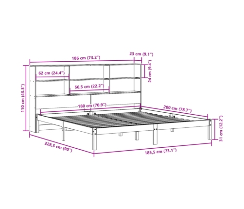 Cama con estantería sin colchón madera maciza blanca 180x200 cm