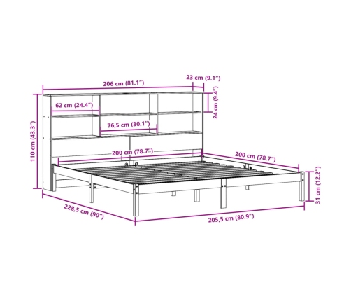 Cama con estantería sin colchón madera maciza blanca 200x200 cm