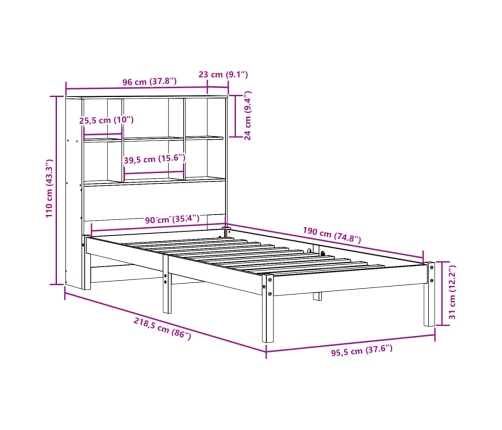 Cama con estantería sin colchón madera maciza marrón 90x190 cm