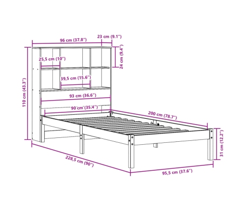 Sofá con estantería sin colchón madera maciza marrón 90x200 cm