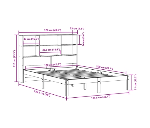 Cama con estantería sin colchón madera maciza marrón 120x200cm