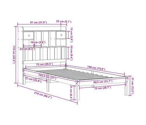 Cama con estantería sin colchón madera maciza de pino 75x190 cm