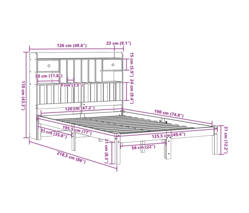 Cama con estantería sin colchón madera maciza blanca 120x190 cm