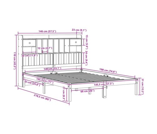 Cama con estantería sin colchón madera maciza de pino 140x190cm