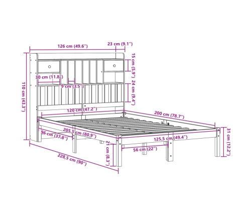 Cama con estantería sin colchón madera maciza de pino 120x200cm