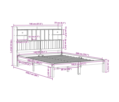 Cama con estantería sin colchón madera maciza blanca 140x200 cm