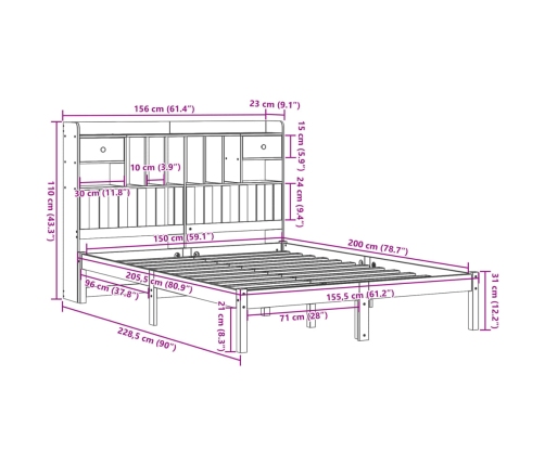 Cama con estantería sin colchón madera maciza de pino 150x200cm