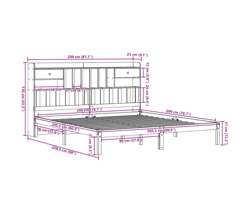 Cama con estantería sin colchón madera maciza de pino 200x200cm