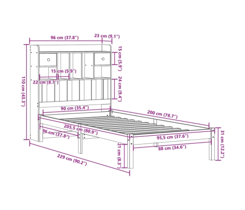 Sofá con estantería sin colchón madera maciza marrón 90x200 cm