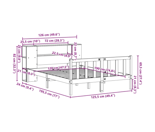 Cama con estantería sin colchón madera maciza de pino 120x190cm