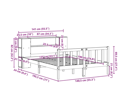 Cama con estantería sin colchón madera maciza blanca 135x190 cm