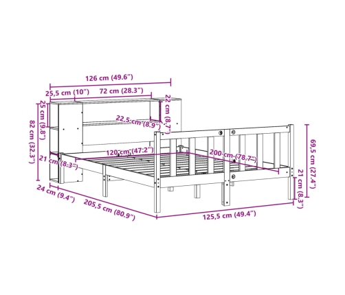 Cama con estantería sin colchón madera maciza de pino 120x200cm