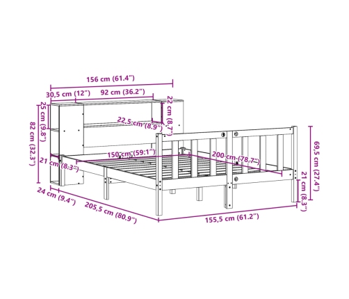 Cama con estantería sin colchón madera maciza de pino 150x200cm