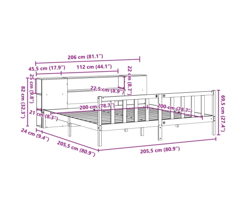 Cama con estantería sin colchón madera maciza de pino 200x200cm