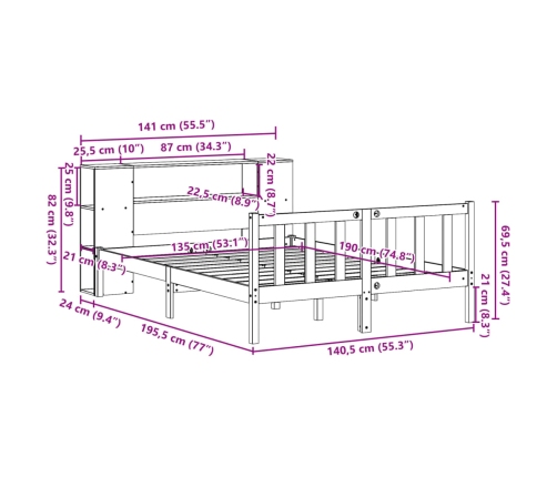 Cama con estantería sin colchón madera maciza marrón 135x190cm