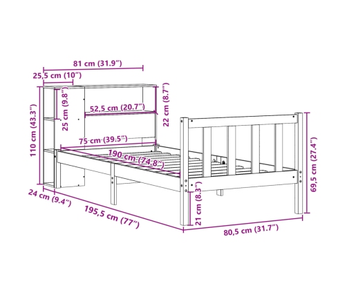 Cama con estantería sin colchón madera maciza blanca 75x190 cm