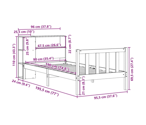 Cama con estantería sin colchón madera maciza de pino 90x190 cm