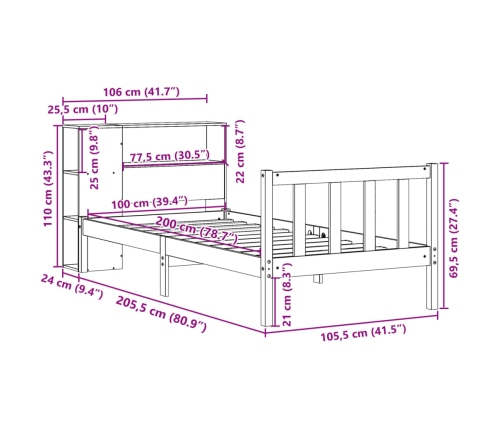 Cama con estantería sin colchón madera maciza de pino 100x200cm