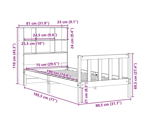 Cama con estantería sin colchón madera maciza blanca 75x190 cm