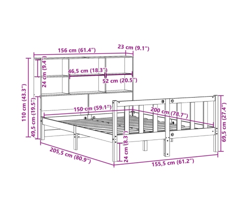 Cama con estantería sin colchón madera maciza de pino 150x200cm