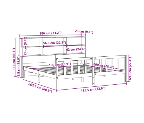 Cama con estantería sin colchón madera maciza blanca 180x200 cm